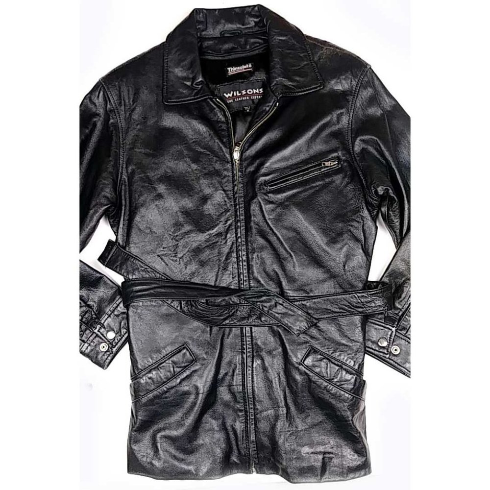 Wilson's Mid Thigh Belted Black Leather Jacket Thinsulate Soft Leather Size M